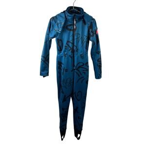 Asos 4505 Blue Black Ski Snow Suit Stretch Fitted Belted Graffiti with Hood Sz 6